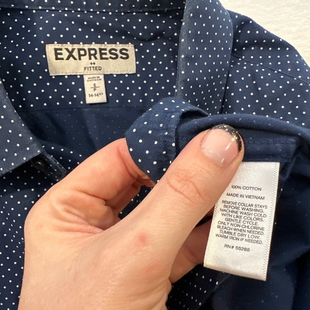 Express Fitted Mens Navy Blue Polka Dot Long Sleeve Button Down Shirt Small S - Picture 5 of 7